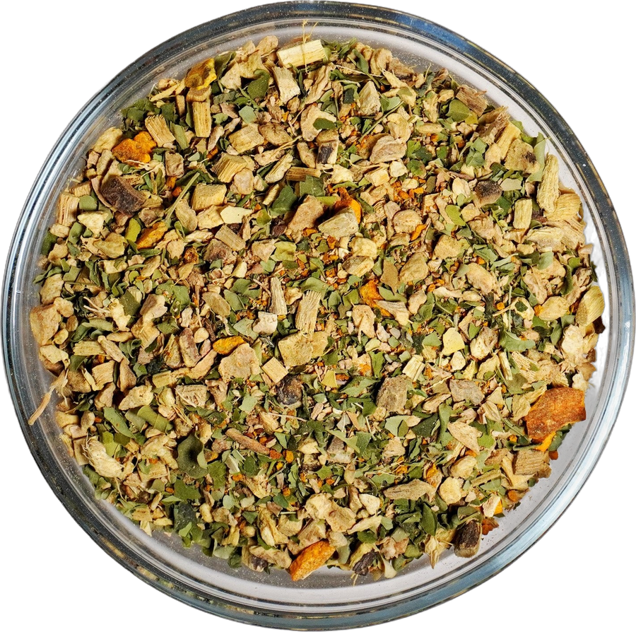 A Good Root whole leaf tea in a glass dish
