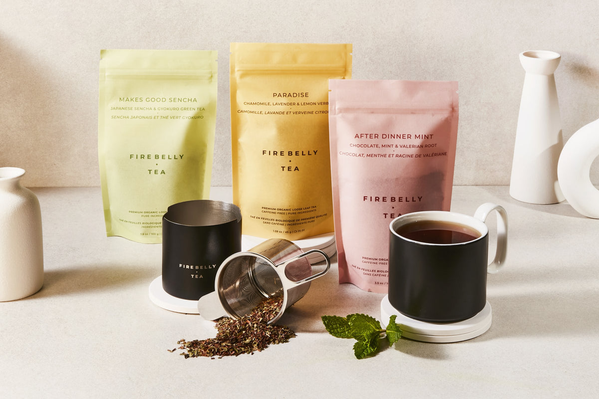 Makes Good Sencha, Paradise and After Dinner Mint with a mug of tea and a strainer of loose leaf