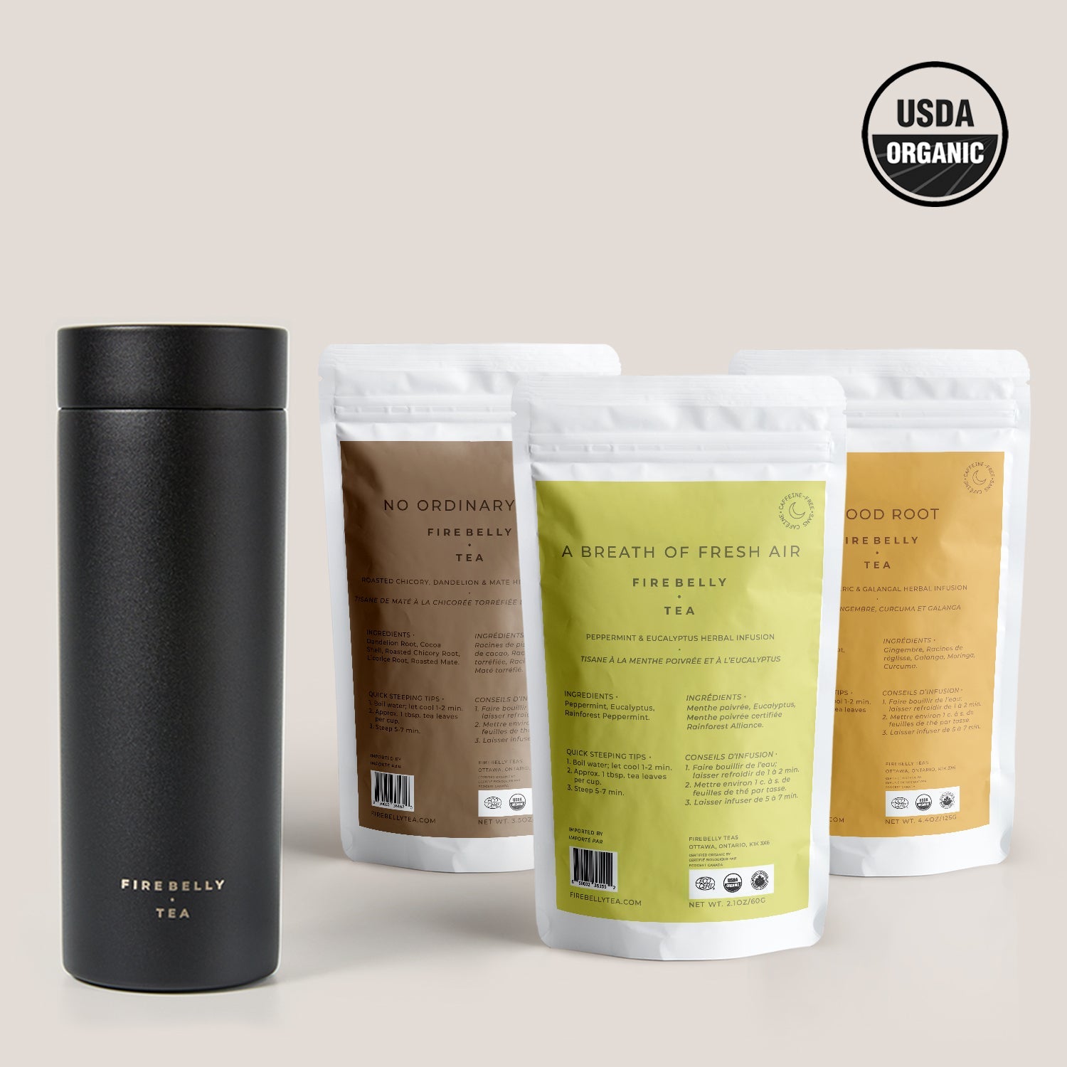 Fire Tea Premium To-Go Kit: Travel Mug With Infuser + 3 Teas | Firebelly Tea