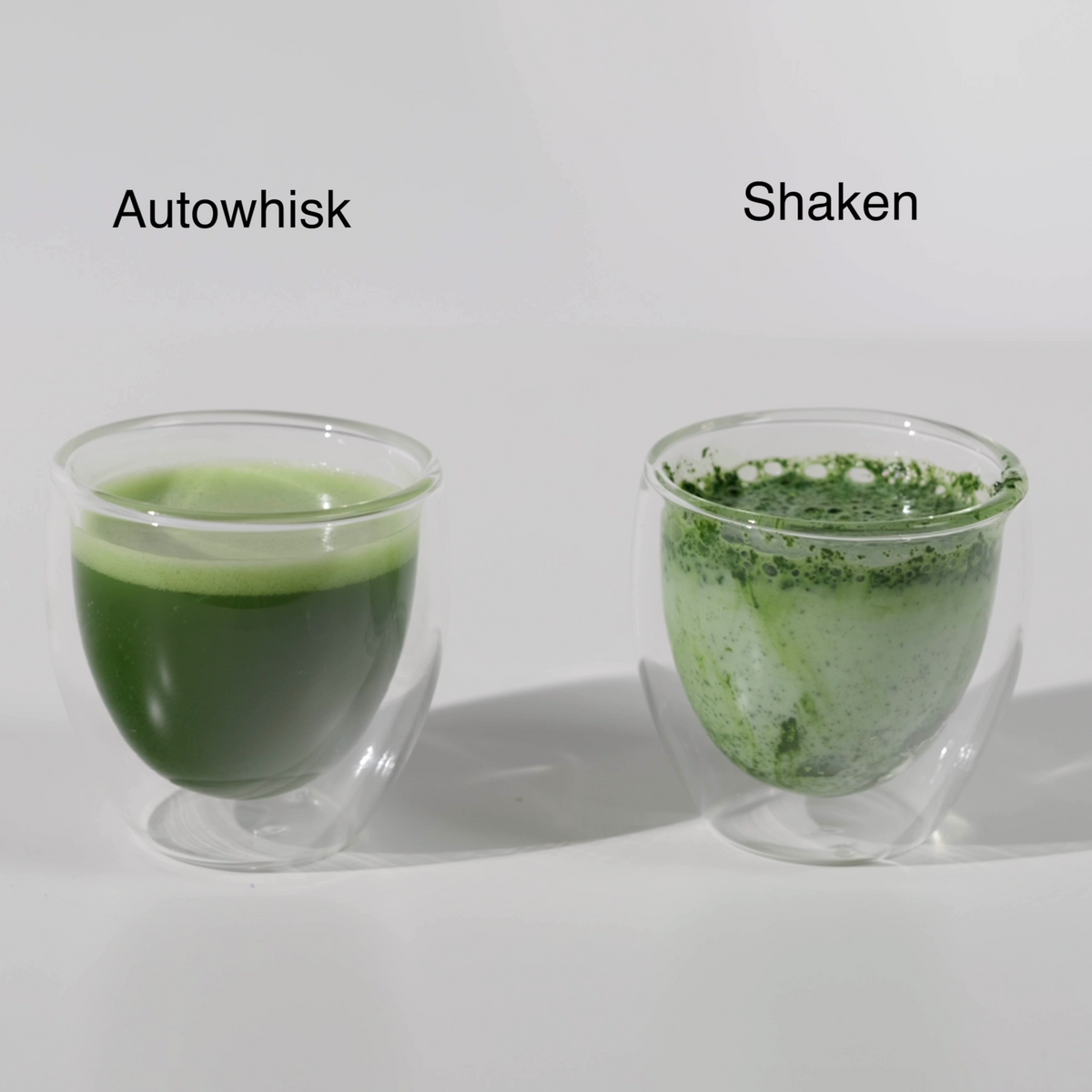 Matcha made in the Autowhisk next to matcha shaken by hand